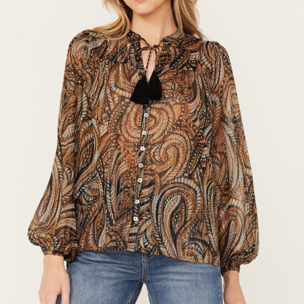 Elan Paisley Print Peasant Sheer Blouse Black Size Medium Great Condition